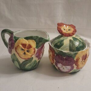 VTG Ceramic Pansy Cream and  Sugar Set ( no spoon)
